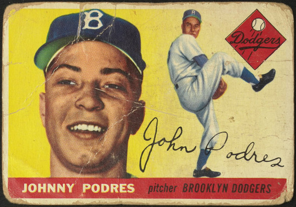 1955 Topps Johnny Podres #25 Brooklyn Dodgers Low Grade - Creases Example A front of card
