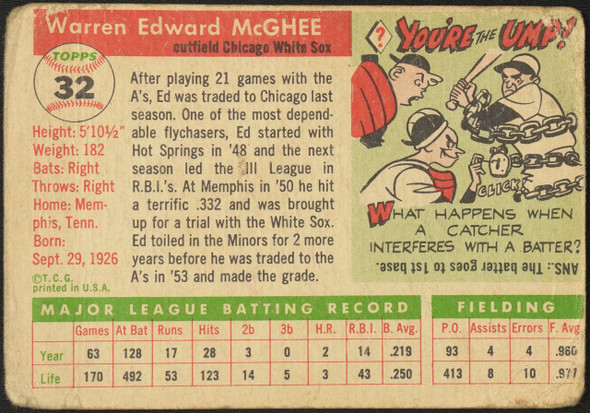 1955 Topps Ed McGhee #32 Chicago White Sox Low Grade - Creases back of card