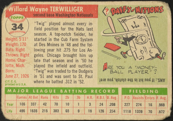 1955 Topps Wayne Terwilliger #34 Washington Senators Fair back of card