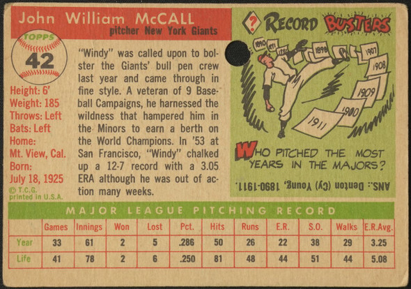 1955 Topps Windy McCall #42 New York Giants RC Low Grade - Creases Example A back of card