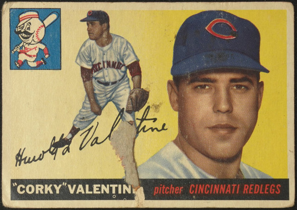 1955 Topps Corky Valentine #44 Cincinnati Redlegs Low Grade - Creases Example A front of card
