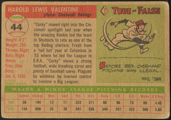 1955 Topps Corky Valentine #44 Cincinnati Redlegs Low Grade - Creases Example A back of card