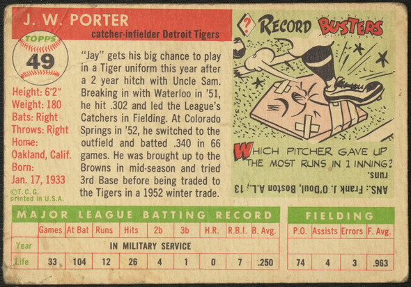 1955 Topps J.W. Porter #49 Detroit Tigers Fair Example A back of card