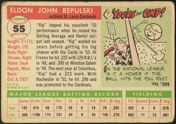 1955 Topps Rip Repulski #55 St. Louis Cardinals Fair Example A back of card