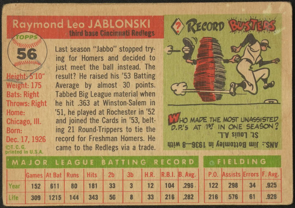 1955 Topps Ray Jablonski #56 Cincinnati Redlegs Fair Example A back of card