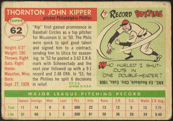 1955 Topps Thornton Kipper #62 Philadelphia Phillies Fair Example A back of card