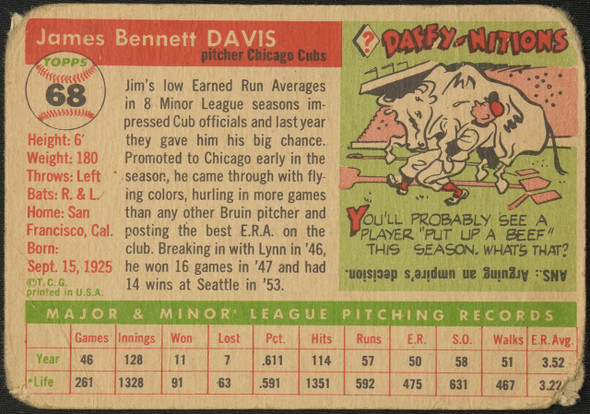 1955 Topps Jim Davis #68 Chicago Cubs RC Low Grade - Creases Example A back of card