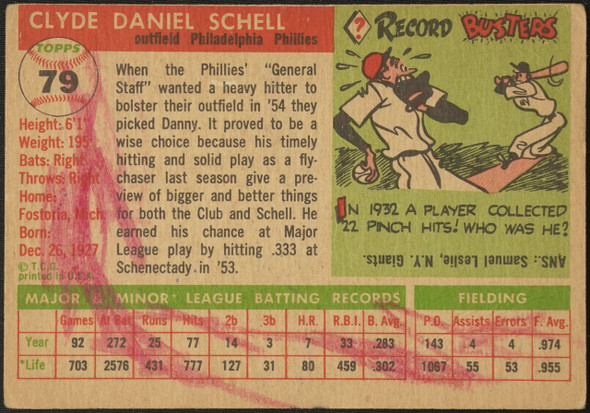1955 Topps Danny Schell #79 Philadelphia Phillies Low Grade - Marks back of card