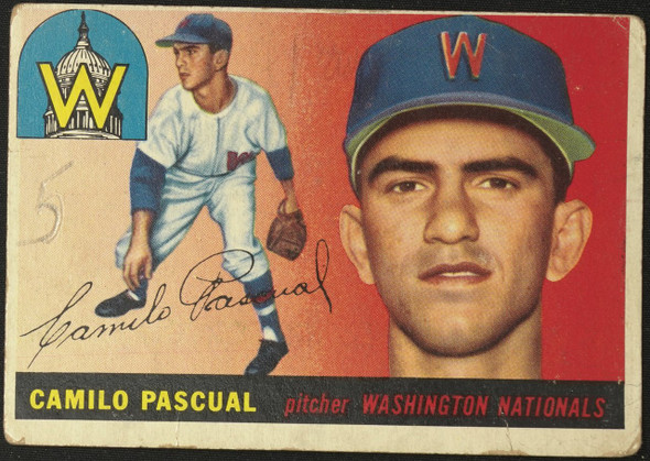 1955 Topps Camilo Pascual #84 Washington Senators RC Low Grade - Creases Example A front of card