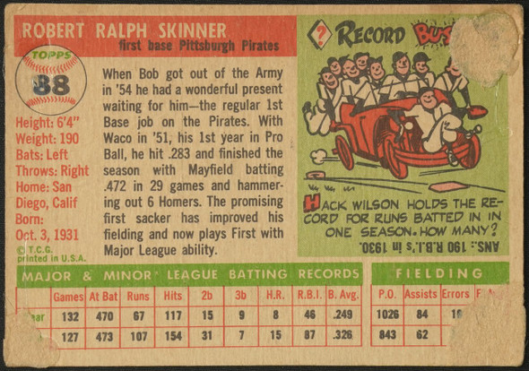1955 Topps Bob Skinner #88 Pittsburgh Pirates RC Poor back of card