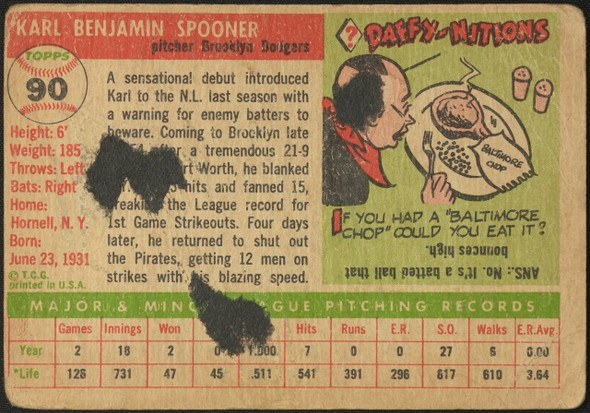 1955 Topps Karl Spooner #90 Brooklyn Dodgers RC Low Grade - Marks back of card