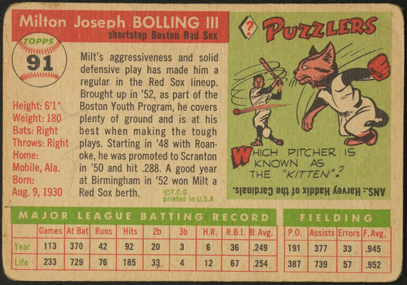 1955 Topps Milt Bolling #91 Boston Red Sox Fair — Example A back of card