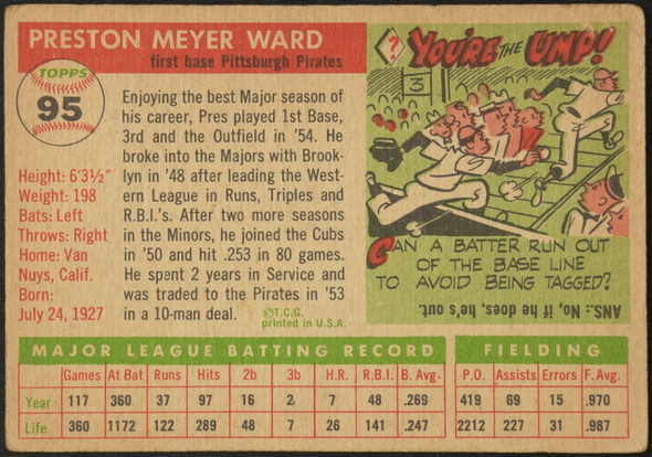 1955 Topps Preston Ward #95 Pittsburgh Pirates Fair — Example A back of card