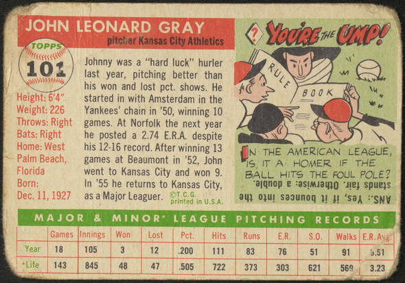 1955 Topps Johnny Gray #101 Kansas City Athletics Low Grade - Creases Example A back of card