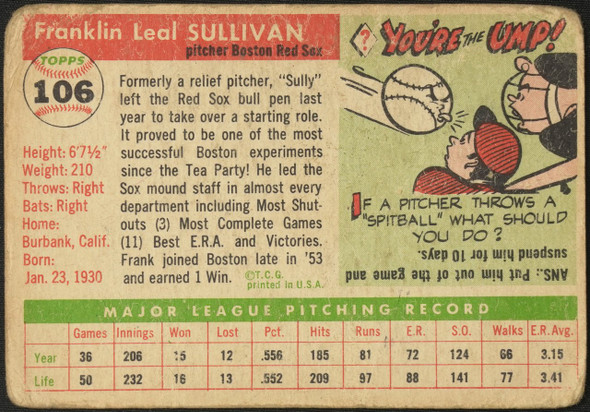 1955 Topps Frank Sullivan #106 Boston Red Sox Low Grade - Creases — Example A back of card