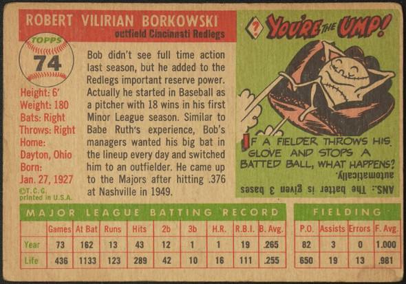 1955 Topps Bob Borkowski #74 Cincinnati Redlegs Fair back of card