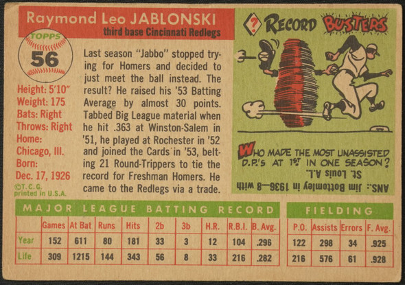 1955 Topps Ray Jablonski #56 Cincinnati Redlegs Fair — Example B back of card