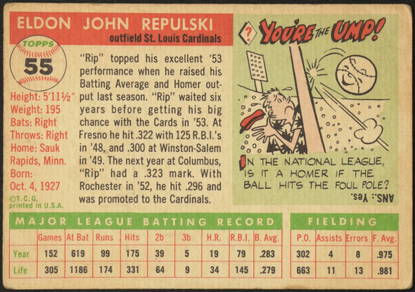 1955 Topps Rip Repulski #55 St. Louis Cardinals Fair Example B back of card
