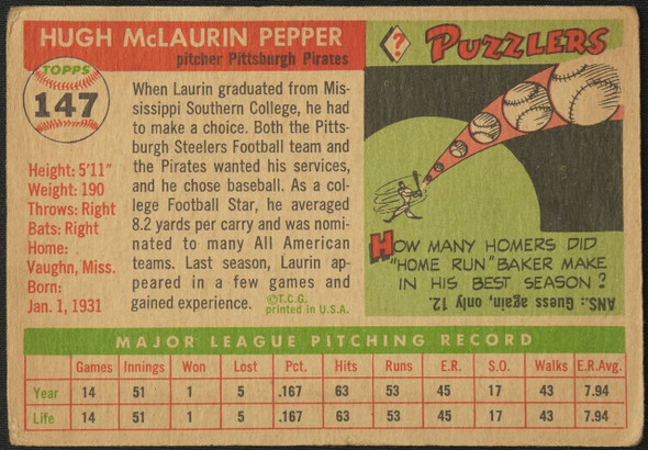1955 Topps Laurin Pepper #147 Pittsburgh Pirates Fair Example B back of card