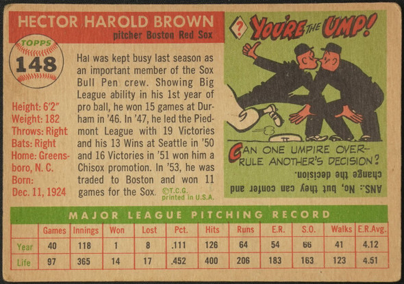 1955 Topps Hal Brown #148 Boston Red Sox Fair Example A back of card