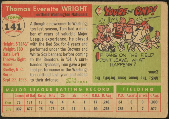 1955 Topps Tom Wright #141 Washington Senators Fair Example A back of card