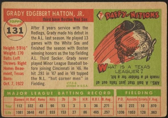 1955 Topps Grady Hatton #131 Boston Red Sox Low Grade - Creases Example B back of card
