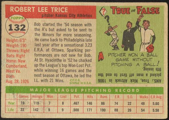 1955 Topps Bob Trice #132 Kansas City Athletics Low Grade - Creases Example B back of card