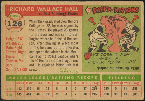 1955 Topps Dick Hall #126 Pittsburgh Pirates Fair Example A back of card