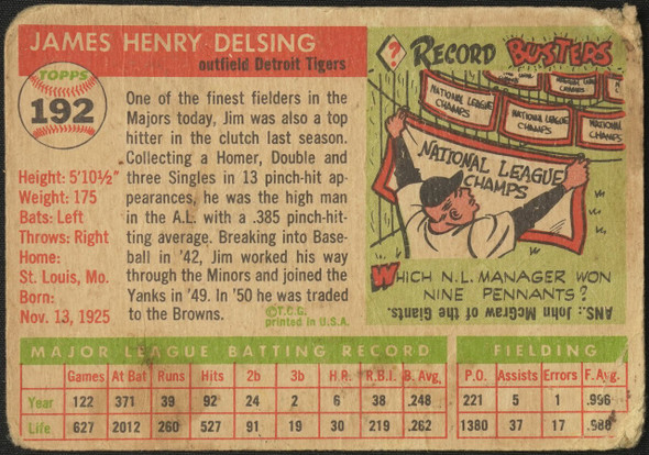 1955 Topps Jim Delsing #192 Detroit Tigers High Number Low Grade - Creases Example C back of card