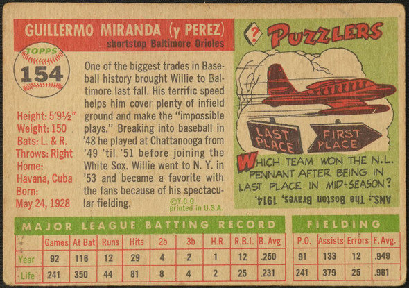 1955 Topps Willie Miranda #154 Baltimore Orioles Fair Example B back of card