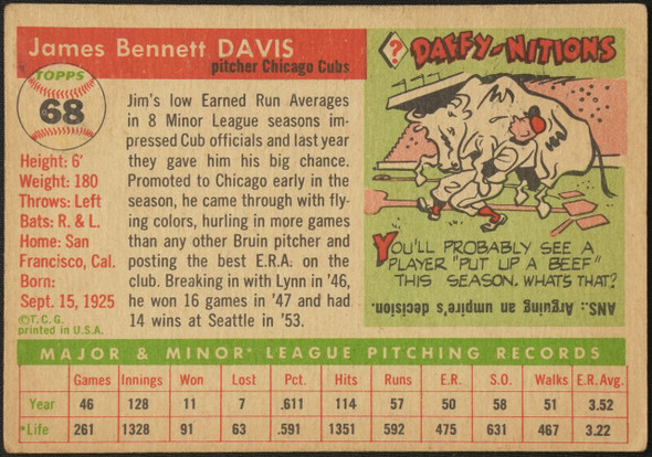 1955 Topps Jim Davis #68 Chicago Cubs RC Low Grade - Creases Example B back of card
