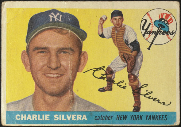 1955 Topps Charlie Silvera #188 New York Yankees High Number Low Grade - Creases Example A front of card