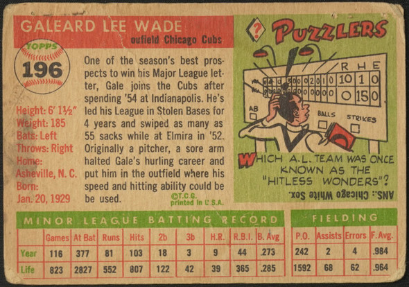 1955 Topps Gale Wade #196 Chicago Cubs High Number Low Grade - Creases Example D back of card