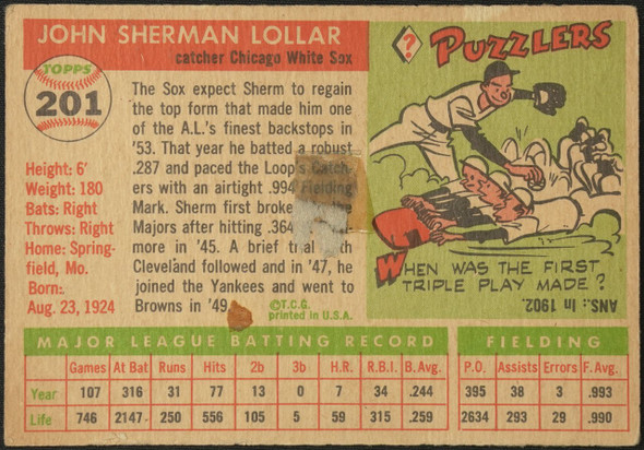 1955 Topps Sherm Lollar #201 Chicago White Sox High Number Fair Example B back of card