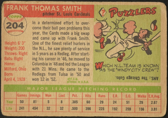 1955 Topps Frank Smith #204 St. Louis Cardinals High Number Low Grade - Creases Example A back of card