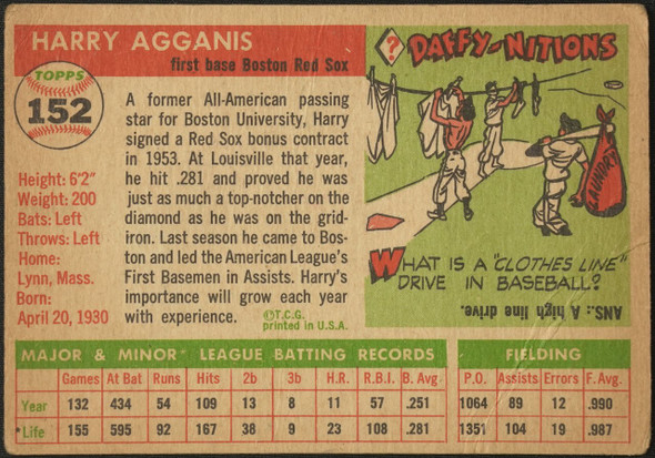 1955 Topps Harry Agganis #152 Boston Red Sox RC Fair Example A back of card