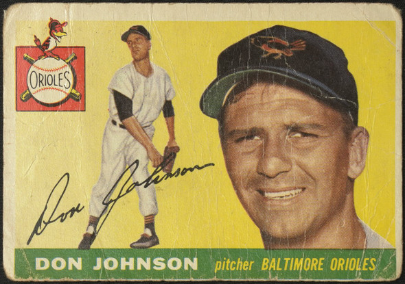 1955 Topps Don Johnson #165 Baltimore Orioles High Number Low Grade - Creases Example A front of card