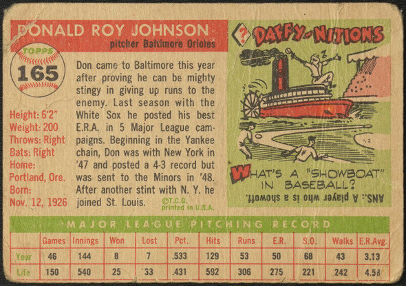 1955 Topps Don Johnson #165 Baltimore Orioles High Number Low Grade - Creases Example A back of card