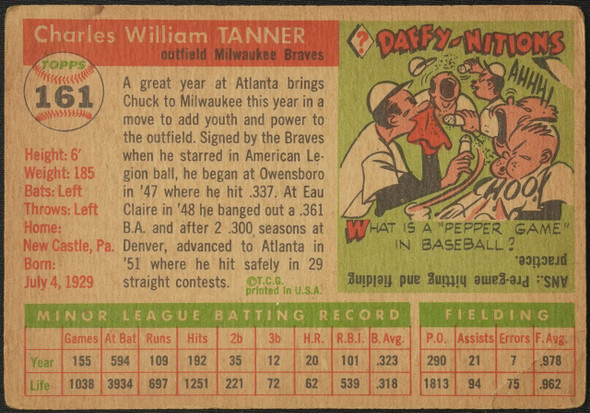 1955 Topps Chuck Tanner #161 Milwaukee Braves RC High Number Low Grade - Creases Example B back of card