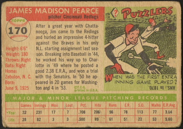 1955 Topps Jim Pearce #170 Cincinnati Redlegs RC High Number Low Grade - Creases Example A back of card