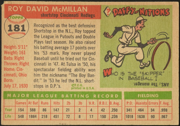 1955 Topps Roy McMillan #181 Cincinnati Redlegs High Number Fair Example C back of card