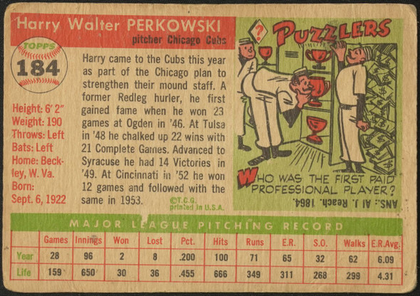 1955 Topps Harry Perkowski #184 Chicago Cubs High Number Fair Example B back of card