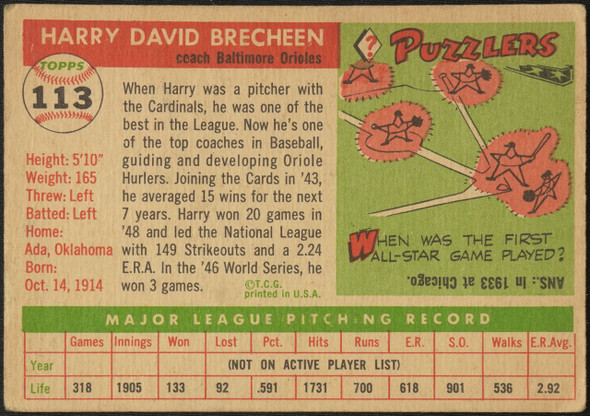 1955 Topps Harry Brecheen #113 Baltimore Orioles Fair Example B back of card