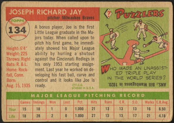 1955 Topps Joey Jay #134 Milwaukee Braves Fair Example B back of card