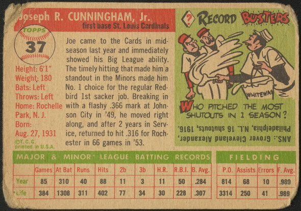 1955 Topps Joe Cunningham #37 St. Louis Cardinals RC Fair Example A back of card