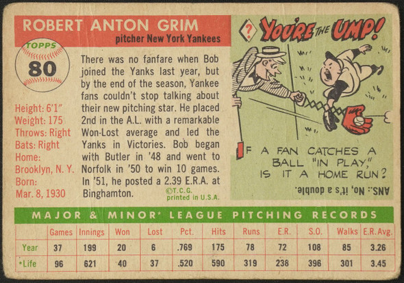 1955 Topps Bob Grim #80 New York Yankees RC Low Grade - Creases Example A back of card