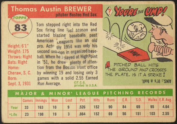 1955 Topps Tom Brewer #83 Boston Red Sox RC Low Grade - Creases Example A back of card