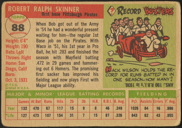 1955 Topps Bob Skinner #88 Pittsburgh Pirates RC Fair back of card