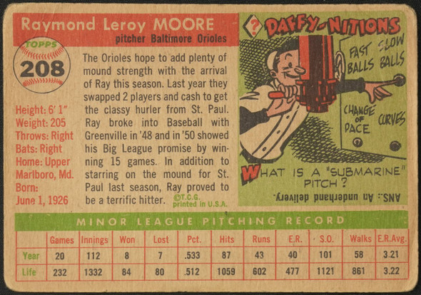 1955 Topps Ray Moore #208 Baltimore Orioles RC High Number Fair Example A back of card