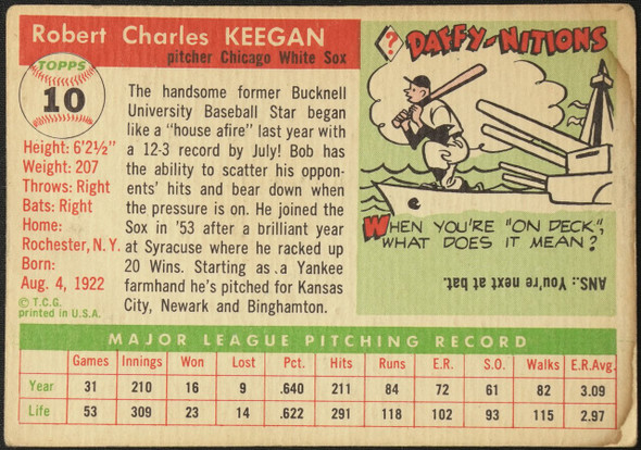 1955 Topps Bob Keegan #10 Chicago White Sox Fair Example A back of card